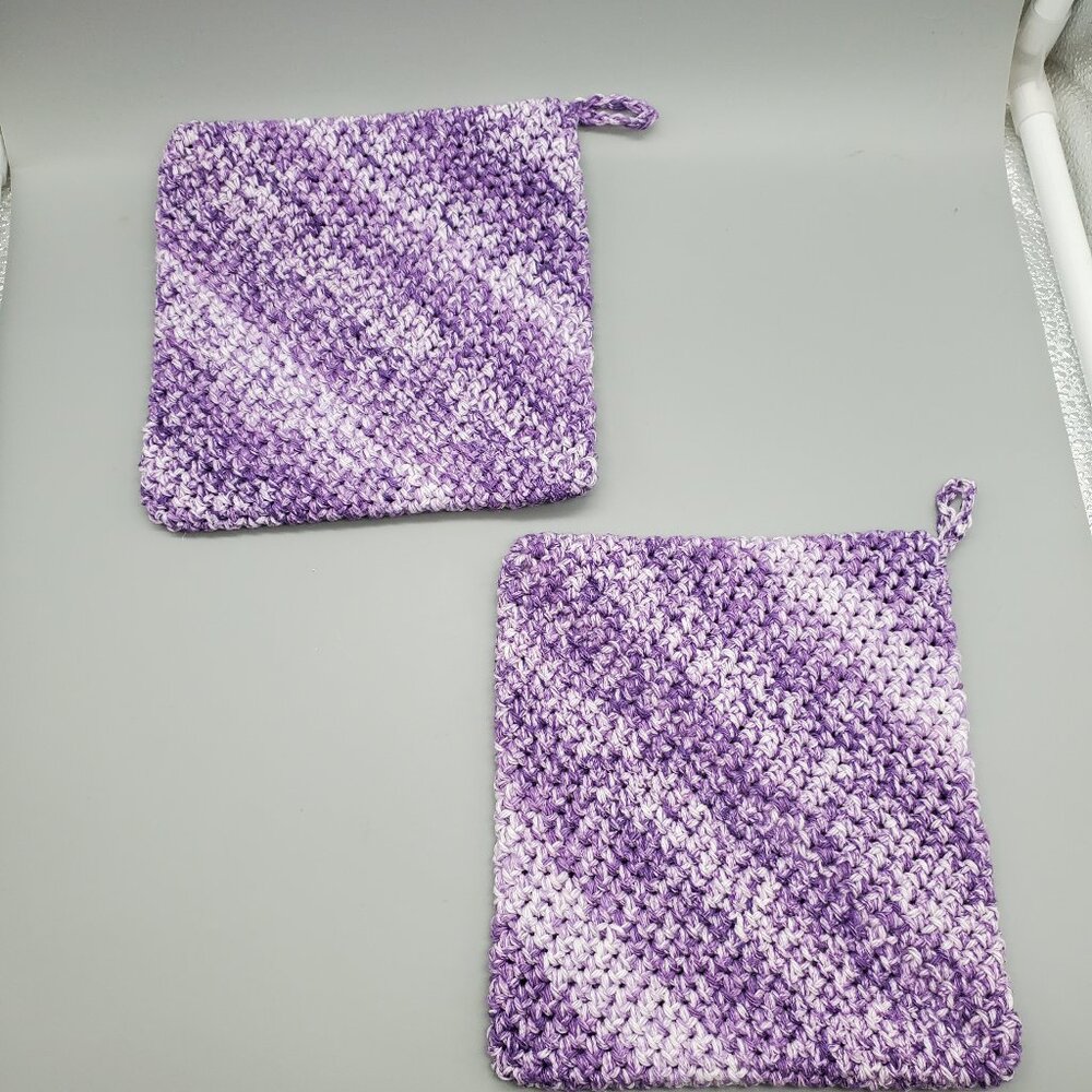 Handmade Crochet Purple/White Potholder Set Double Thickness